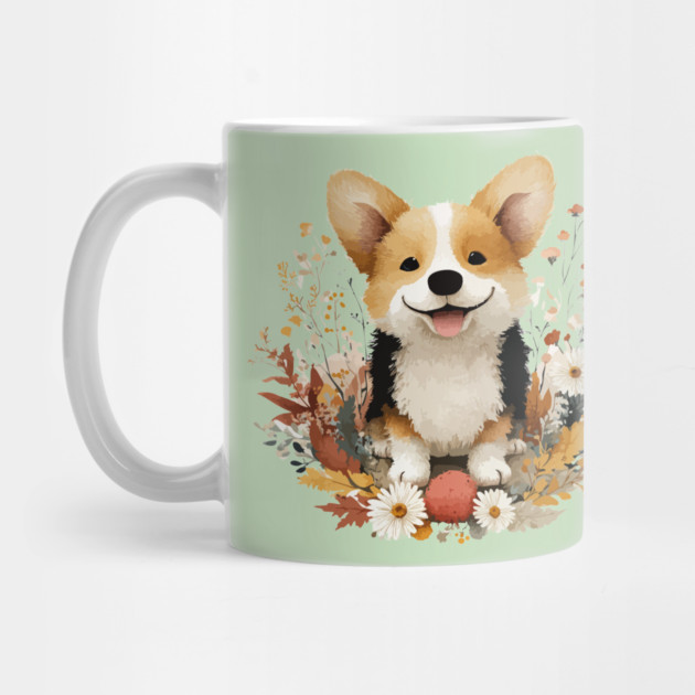 Happy Corgi in a Floral Wreath - Dog Mom & Dad Gift by TuncGK
