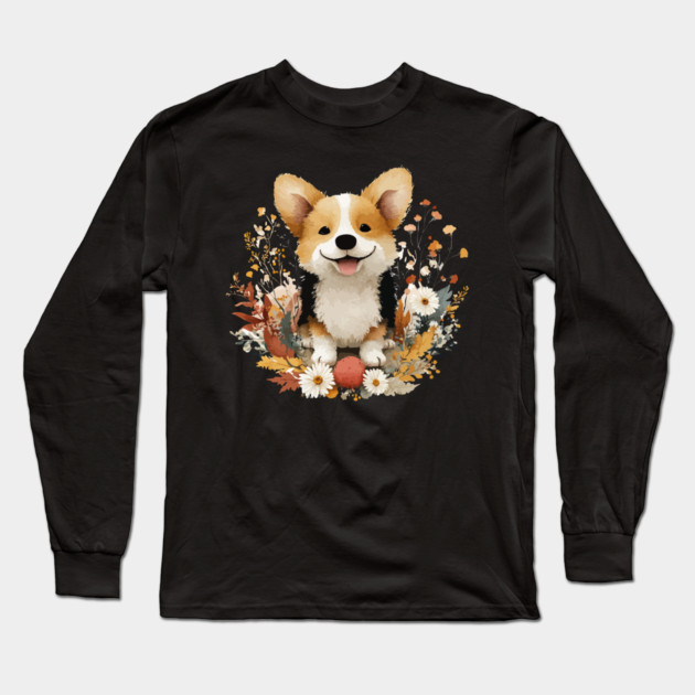 Happy Corgi in a Floral Wreath - Dog Mom & Dad Gift Long Sleeve T-Shirt by TuncGK