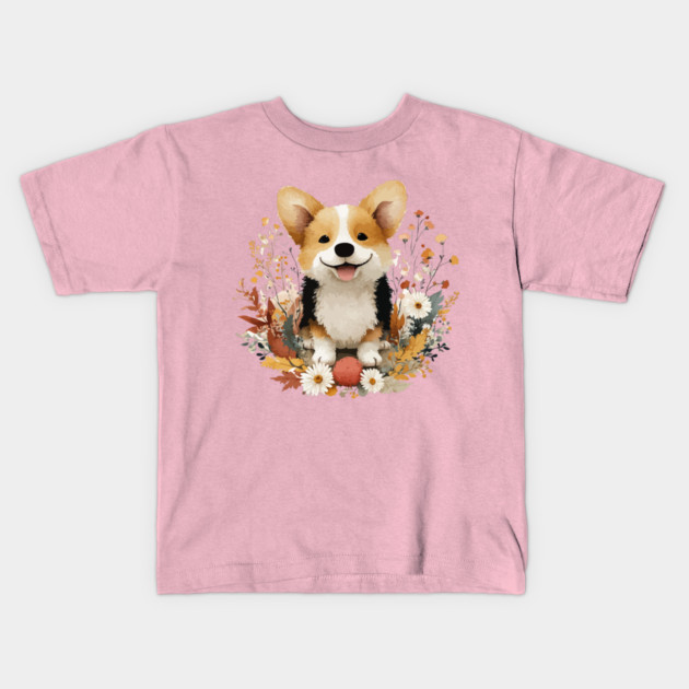 Happy Corgi in a Floral Wreath - Dog Mom & Dad Gift Kids T-Shirt by TuncGK