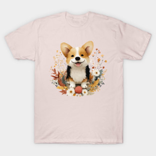Happy Corgi in a Floral Wreath - Dog Mom & Dad Gift T-Shirt