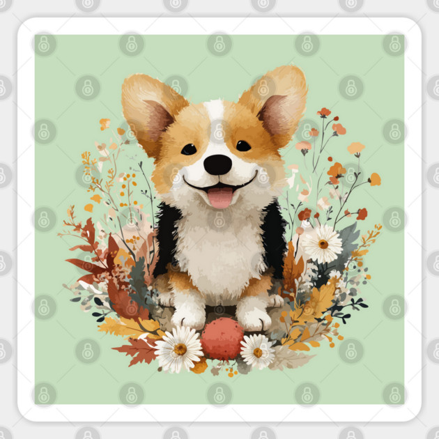 Happy Corgi in a Floral Wreath - Dog Mom & Dad Gift Sticker by TuncGK