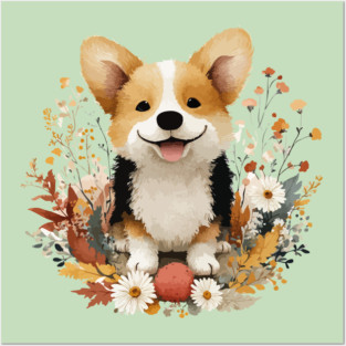 Happy Corgi in a Floral Wreath - Dog Mom & Dad Gift Posters and Art