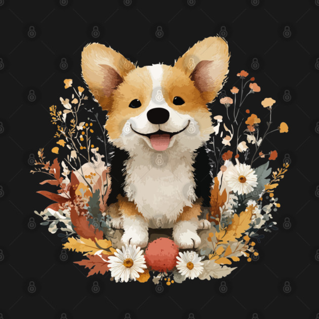 Happy Corgi in a Floral Wreath - Dog Mom & Dad Gift by TuncGK