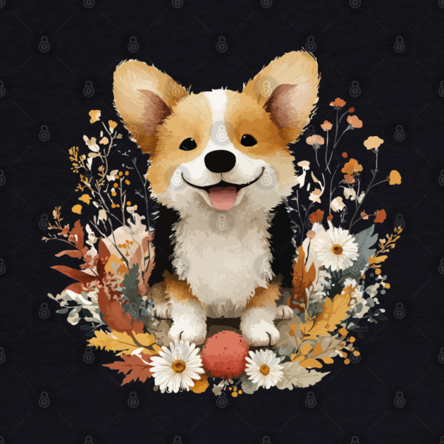 Happy Corgi in a Floral Wreath - Dog Mom & Dad Gift by TuncGK