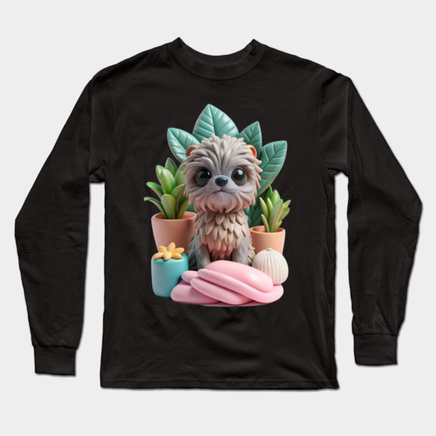 Cute Fluffy Creature Pet Art | Whimsical Animal Design Long Sleeve T-Shirt by IamActiveDog