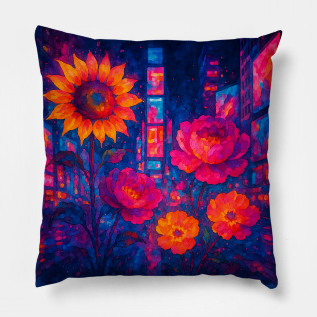 Times Square Neon Floral Pillow by Sharafeldin  's Store
