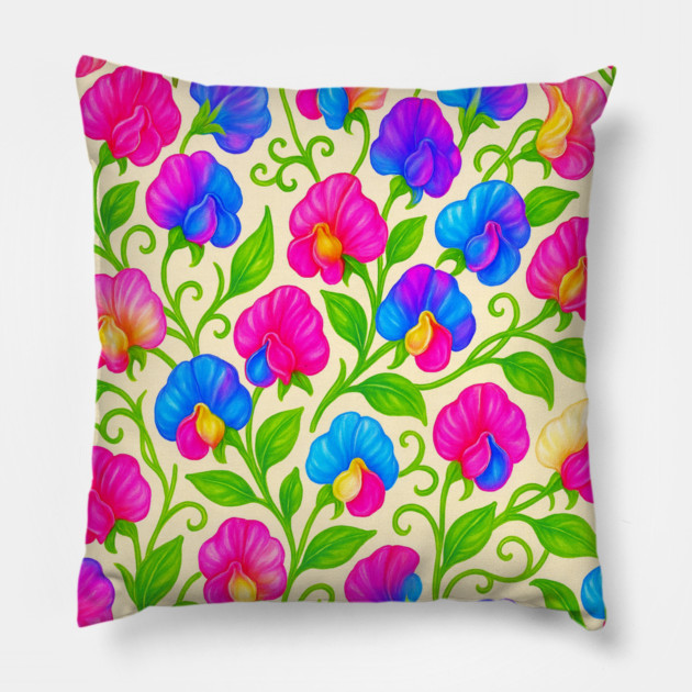 Sweet Pea Watercolor Gouache Floral Pattern Pillow by Sharafeldin  's Store
