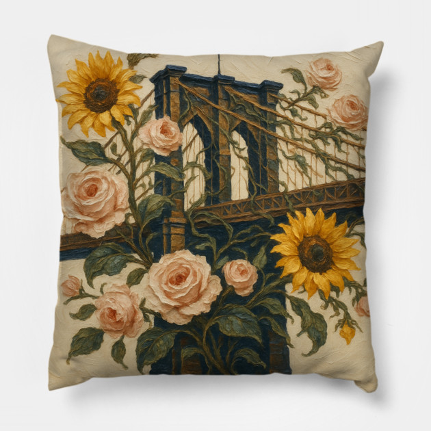 Brooklyn Bridge Floral  – Sunflowers & Roses Modern Art Pillow by Sharafeldin  's Store