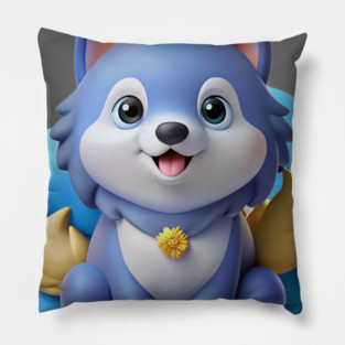 Blue Merle Pomeranian Cartoon – Fluffy Royal Pup on Pastel Cloud with Crown and Glitter Stars Pillow