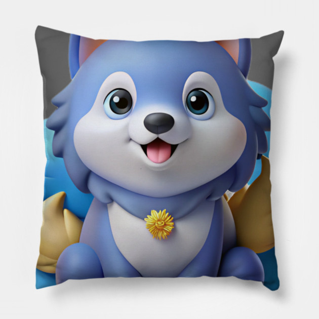 Blue Merle Pomeranian Cartoon – Fluffy Royal Pup on Pastel Cloud with Crown and Glitter Stars Pillow by IamActiveDog