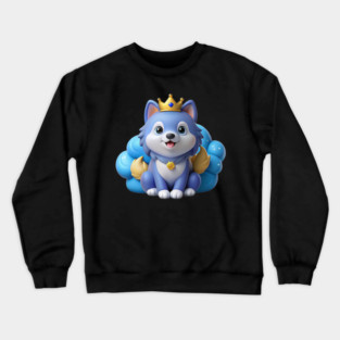 Blue Merle Pomeranian Cartoon – Fluffy Royal Pup on Pastel Cloud with Crown and Glitter Stars Crewneck Sweatshirt