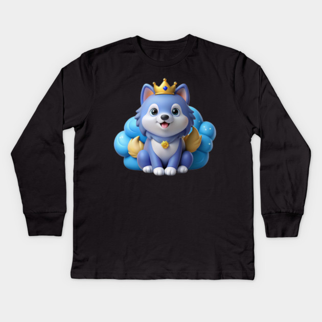 Blue Merle Pomeranian Cartoon – Fluffy Royal Pup on Pastel Cloud with Crown and Glitter Stars Kids Long Sleeve T-Shirt by IamActiveDog