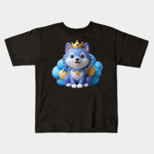 Blue Merle Pomeranian Cartoon – Fluffy Royal Pup on Pastel Cloud with Crown and Glitter Stars Kids T-Shirt