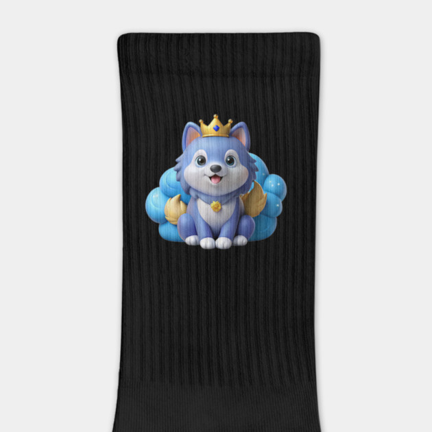 Blue Merle Pomeranian Cartoon – Fluffy Royal Pup on Pastel Cloud with Crown and Glitter Stars by IamActiveDog