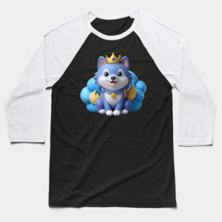 Blue Merle Pomeranian Cartoon – Fluffy Royal Pup on Pastel Cloud with Crown and Glitter Stars Baseball T-Shirt