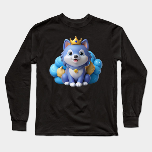 Blue Merle Pomeranian Cartoon – Fluffy Royal Pup on Pastel Cloud with Crown and Glitter Stars Long Sleeve T-Shirt by IamActiveDog
