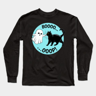 Booo…OOP Black Cat with Ghost Halloween Costume Day Kids Long Sleeve T-Shirt
