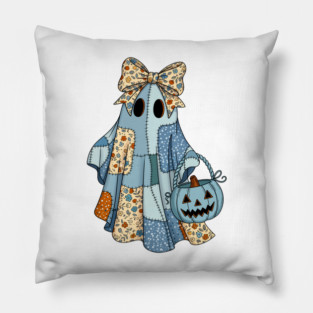Cute Patchwork Ghost With Pumpkin Bucket Retro Halloween Pillow