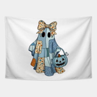 Cute Patchwork Ghost With Pumpkin Bucket Retro Halloween Tapestry