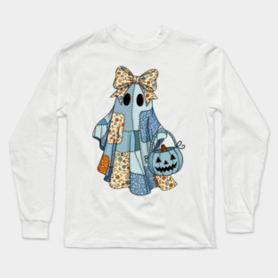 Cute Patchwork Ghost With Pumpkin Bucket Retro Halloween Long Sleeve T-Shirt