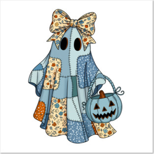 Cute Patchwork Ghost With Pumpkin Bucket Retro Halloween Posters and Art