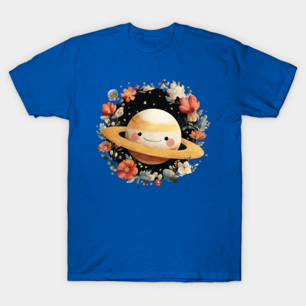 Planet Saturn in a Celestial Wreath - Spacecore Folk Art T-Shirt by TuncGK