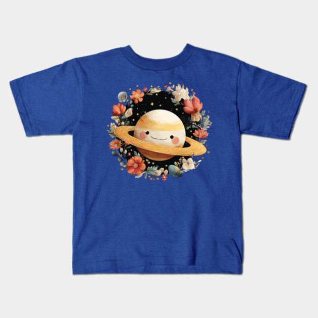 Planet Saturn in a Celestial Wreath - Spacecore Folk Art Kids T-Shirt by TuncGK