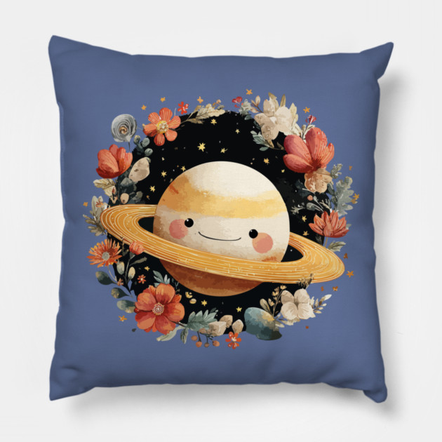 Planet Saturn in a Celestial Wreath - Spacecore Folk Art Pillow by TuncGK