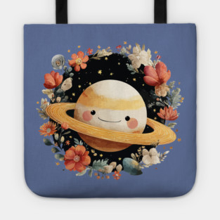 Planet Saturn in a Celestial Wreath - Spacecore Folk Art Tote