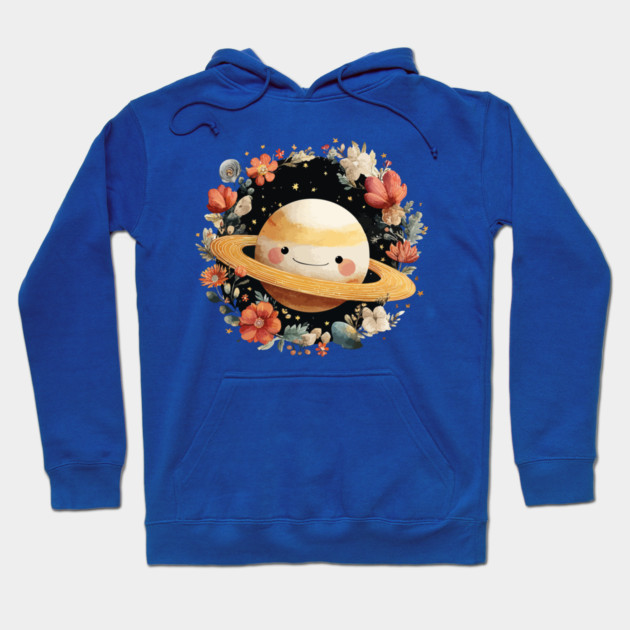 Planet Saturn in a Celestial Wreath - Spacecore Folk Art Hoodie by TuncGK