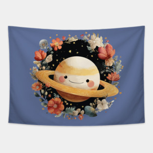 Planet Saturn in a Celestial Wreath - Spacecore Folk Art Tapestry