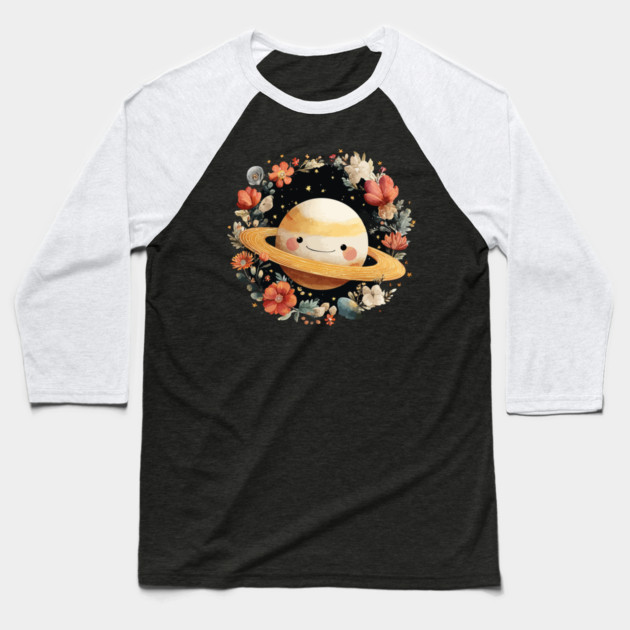 Planet Saturn in a Celestial Wreath - Spacecore Folk Art Baseball T-Shirt by TuncGK