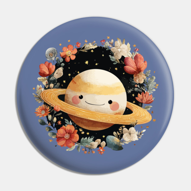 Planet Saturn in a Celestial Wreath - Spacecore Folk Art Pin by TuncGK