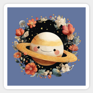 Planet Saturn in a Celestial Wreath - Spacecore Folk Art Sticker