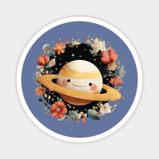 Planet Saturn in a Celestial Wreath - Spacecore Folk Art Magnet
