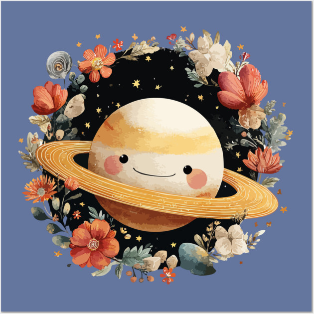 Planet Saturn in a Celestial Wreath - Spacecore Folk Art Wall Art by TuncGK