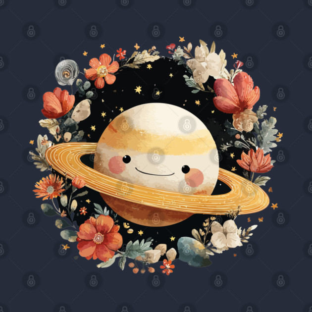 Planet Saturn in a Celestial Wreath - Spacecore Folk Art by TuncGK