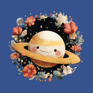 Planet Saturn in a Celestial Wreath - Spacecore Folk Art T-Shirt