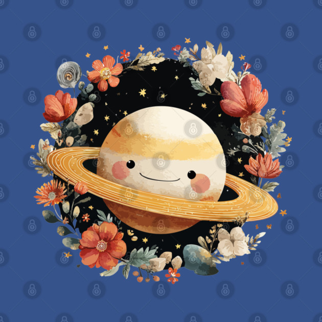 Planet Saturn in a Celestial Wreath - Spacecore Folk Art by TuncGK