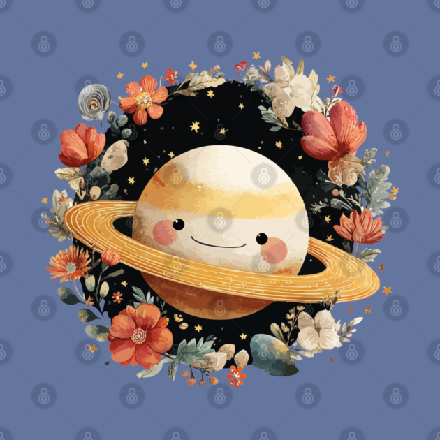 Planet Saturn in a Celestial Wreath - Spacecore Folk Art by TuncGK