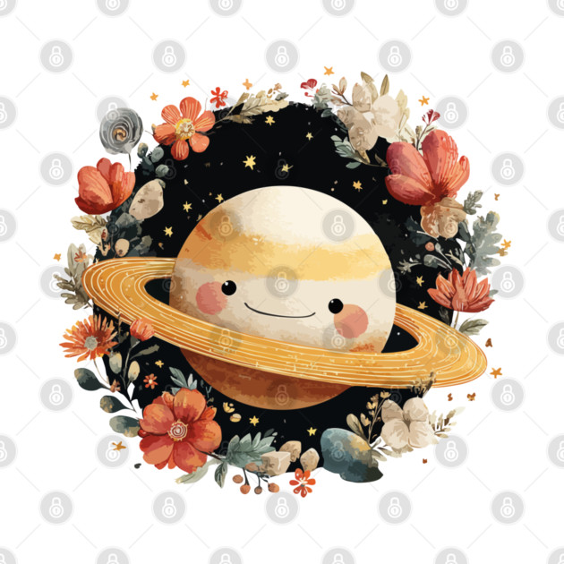 Planet Saturn in a Celestial Wreath - Spacecore Folk Art by TuncGK