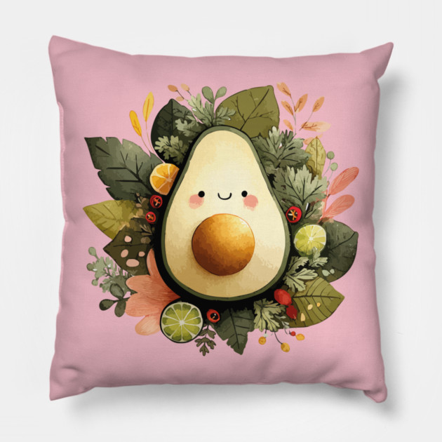 Whimsical Avocado in a Citrus Wreath - Vegan & Foodie Art Pillow by TuncGK