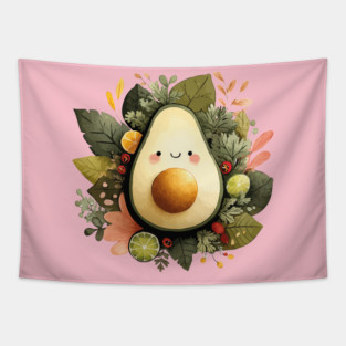 Whimsical Avocado in a Citrus Wreath - Vegan & Foodie Art Tapestry