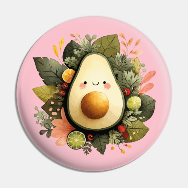Whimsical Avocado in a Citrus Wreath - Vegan & Foodie Art Pin by TuncGK