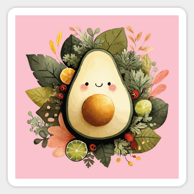 Whimsical Avocado in a Citrus Wreath - Vegan & Foodie Art Magnet by TuncGK