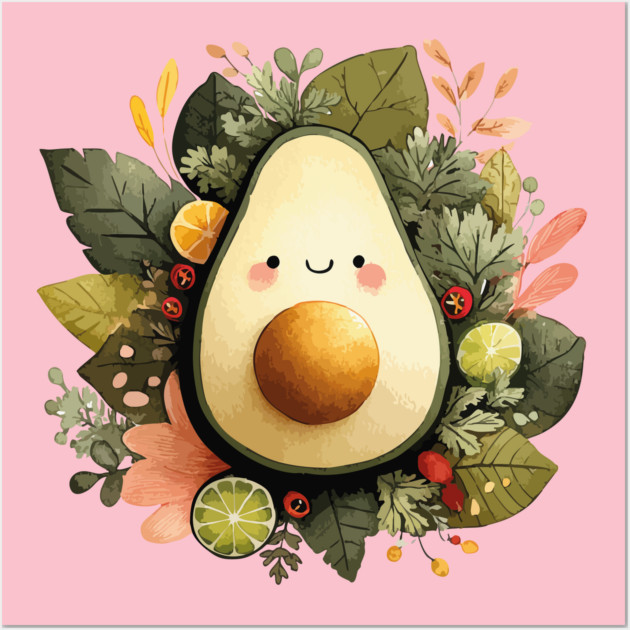 Whimsical Avocado in a Citrus Wreath - Vegan & Foodie Art Wall Art by TuncGK