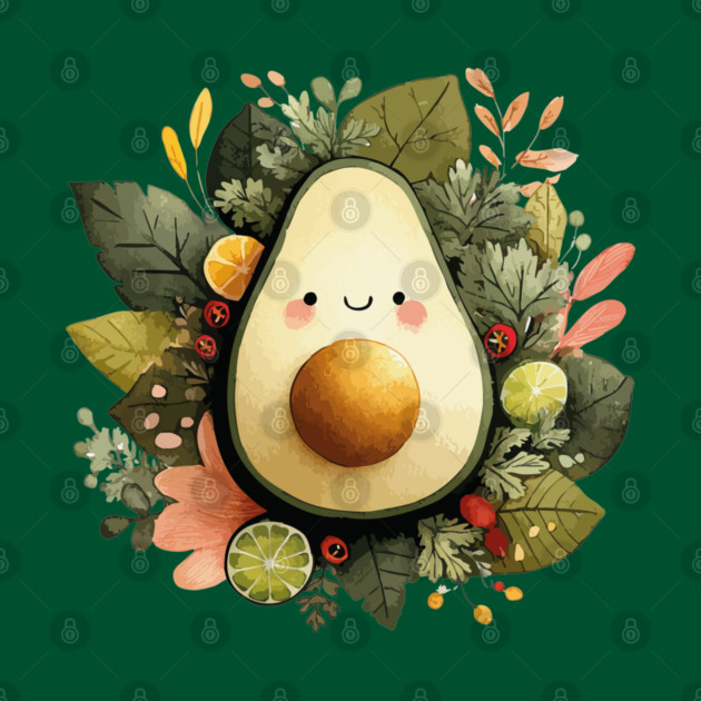Whimsical Avocado in a Citrus Wreath - Vegan & Foodie Art by TuncGK