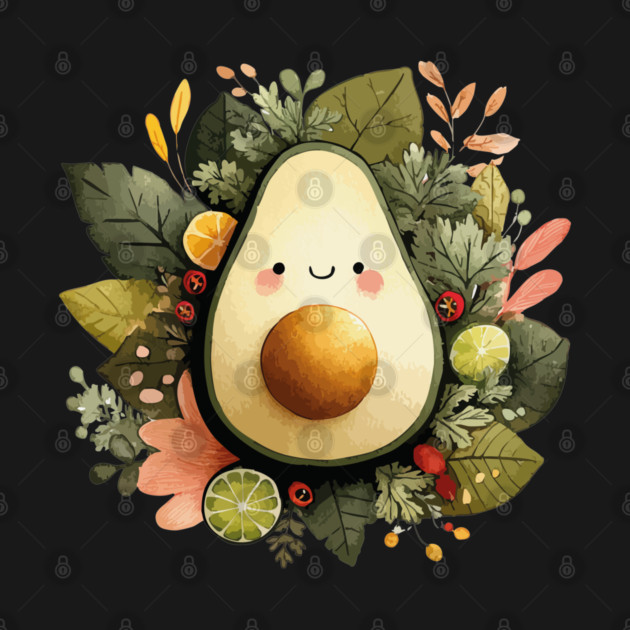 Whimsical Avocado in a Citrus Wreath - Vegan & Foodie Art by TuncGK