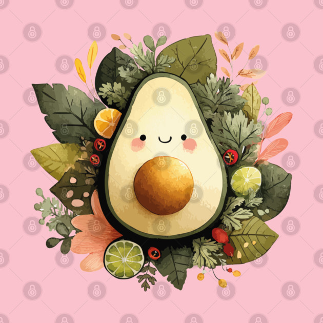 Whimsical Avocado in a Citrus Wreath - Vegan & Foodie Art by TuncGK