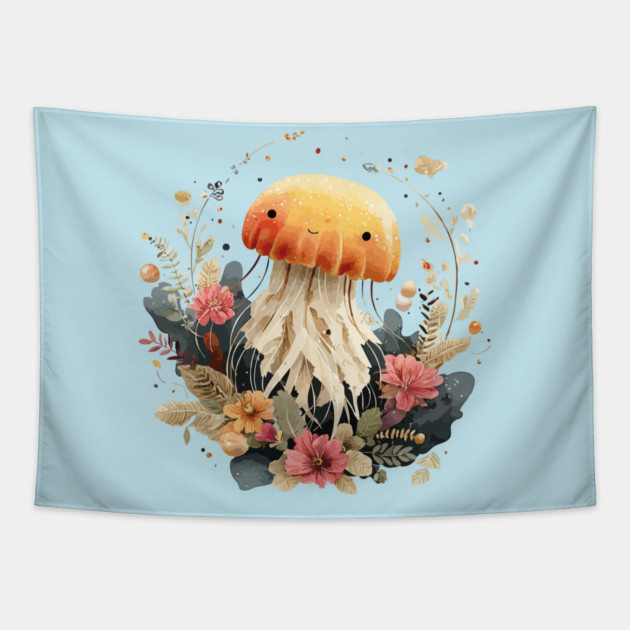 Ethereal Jellyfish in a Coral Wreath - Mystical Ocean Art Tapestry by TuncGK